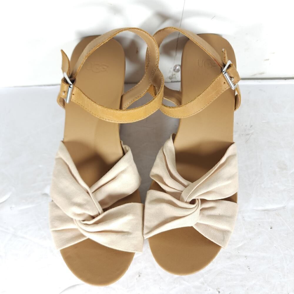 UGG Women's Joslyn US8,5 Canvas Leather Beige Espadrille Wedge Sandals - Picture 4 of 16